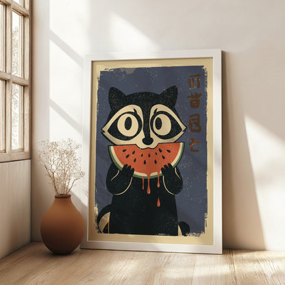 Raccoon Eating Watermelon Poster – Funny Retro Summer Fruit Art Print