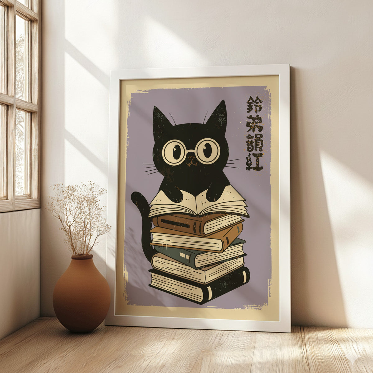 A stylized illustration of a black cat wearing round glasses and sitting on top of a tall stack of books, with vertical black characters on the right, set against a warm purple background with distressed texture.