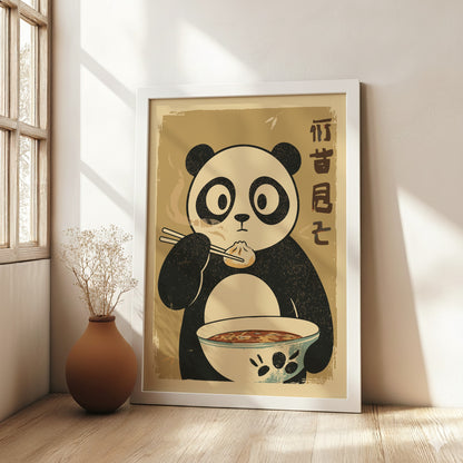 Panda Eating Dumplings Poster – Funny Retro Japanese Kitchen Art Print