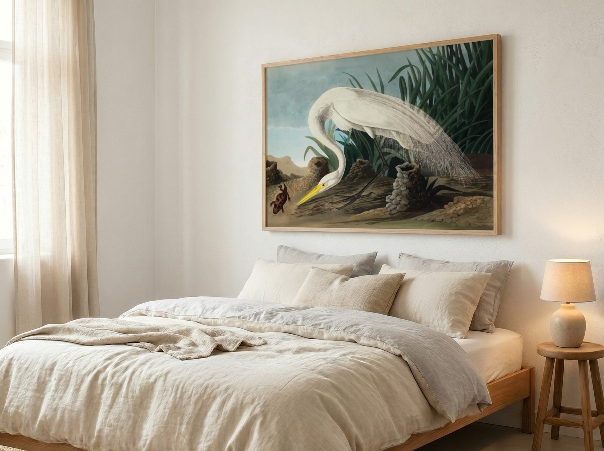 White heron art poster featuring soft colors and detailed nature elements, perfect for home decor and nature