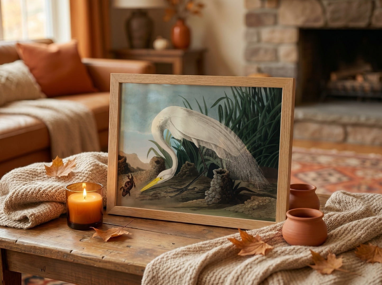 White heron art poster featuring soft colors and detailed nature elements, perfect for home decor and nature