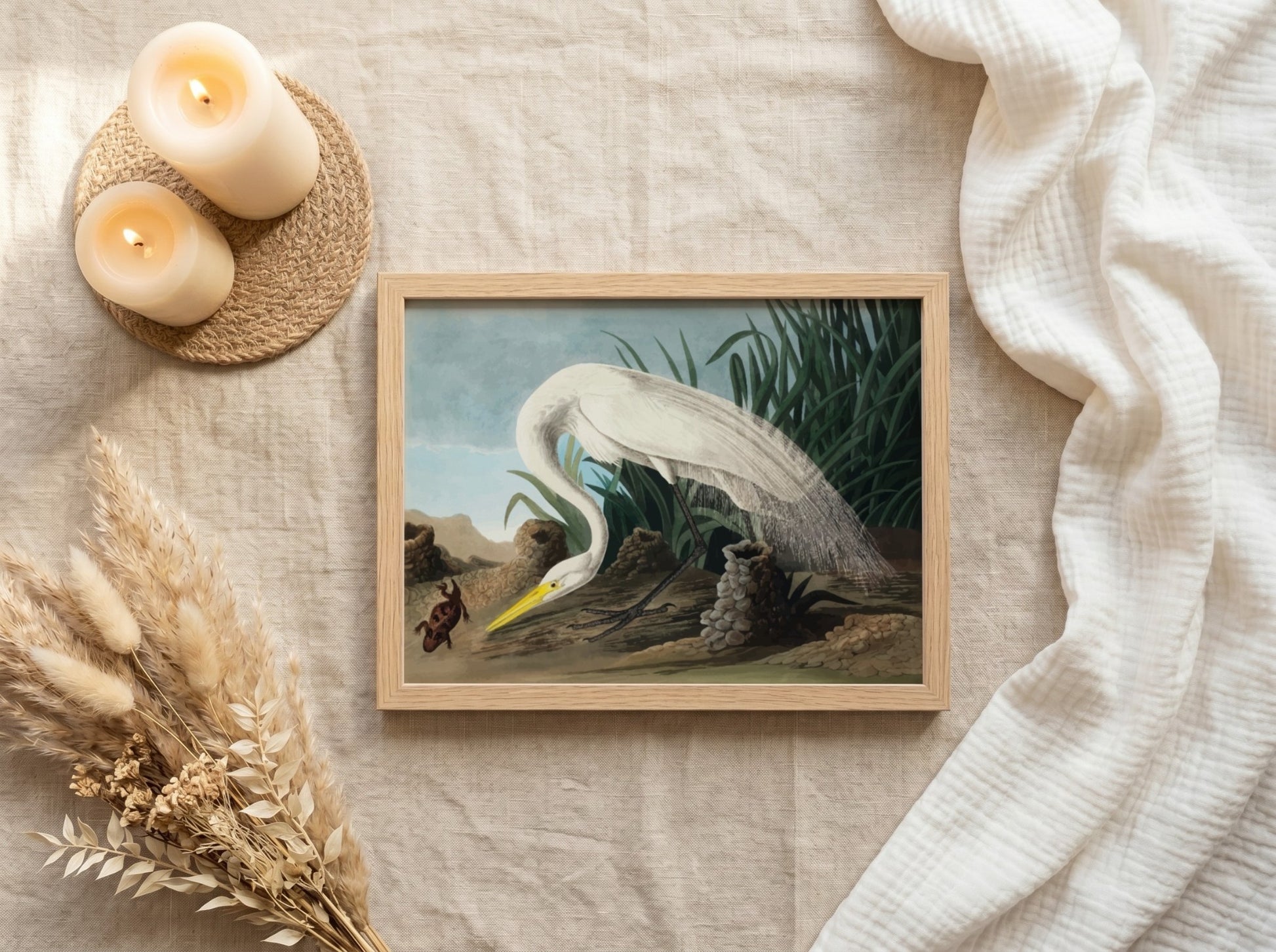 White heron art poster featuring soft colors and detailed nature elements, perfect for home decor and nature