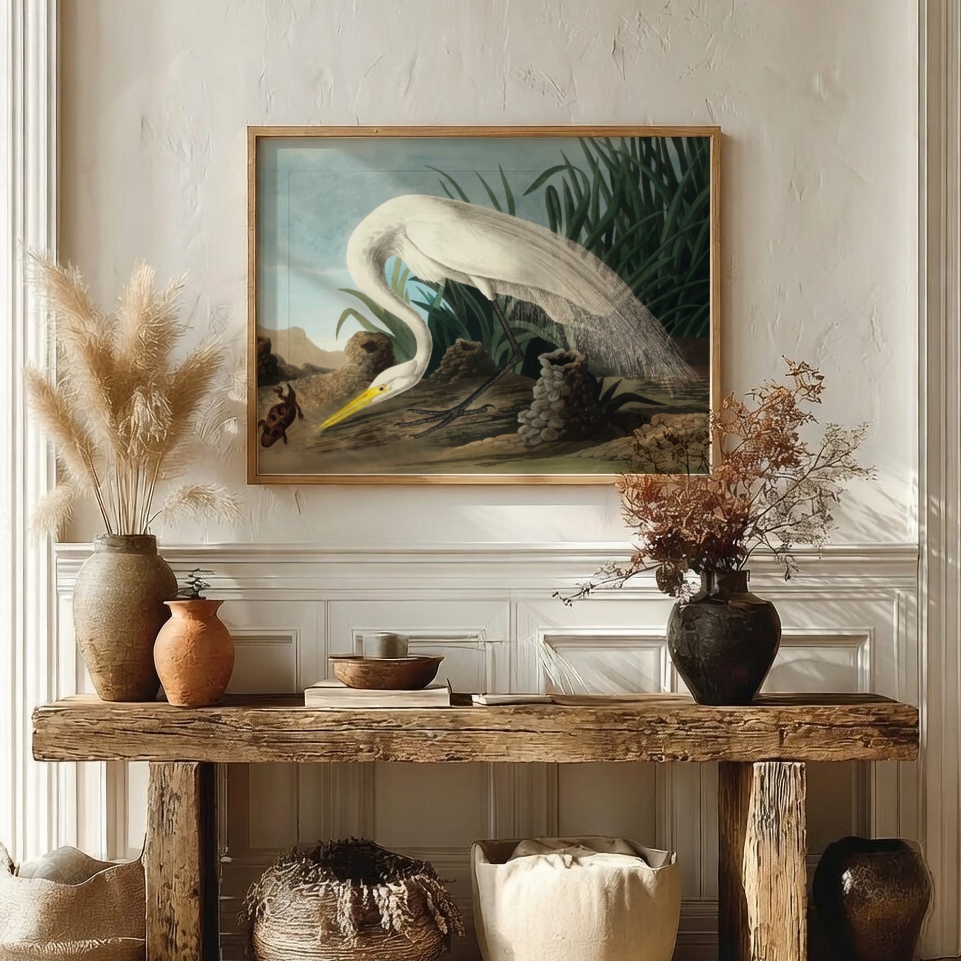 White heron art poster featuring soft colors and detailed nature elements, perfect for home decor and nature