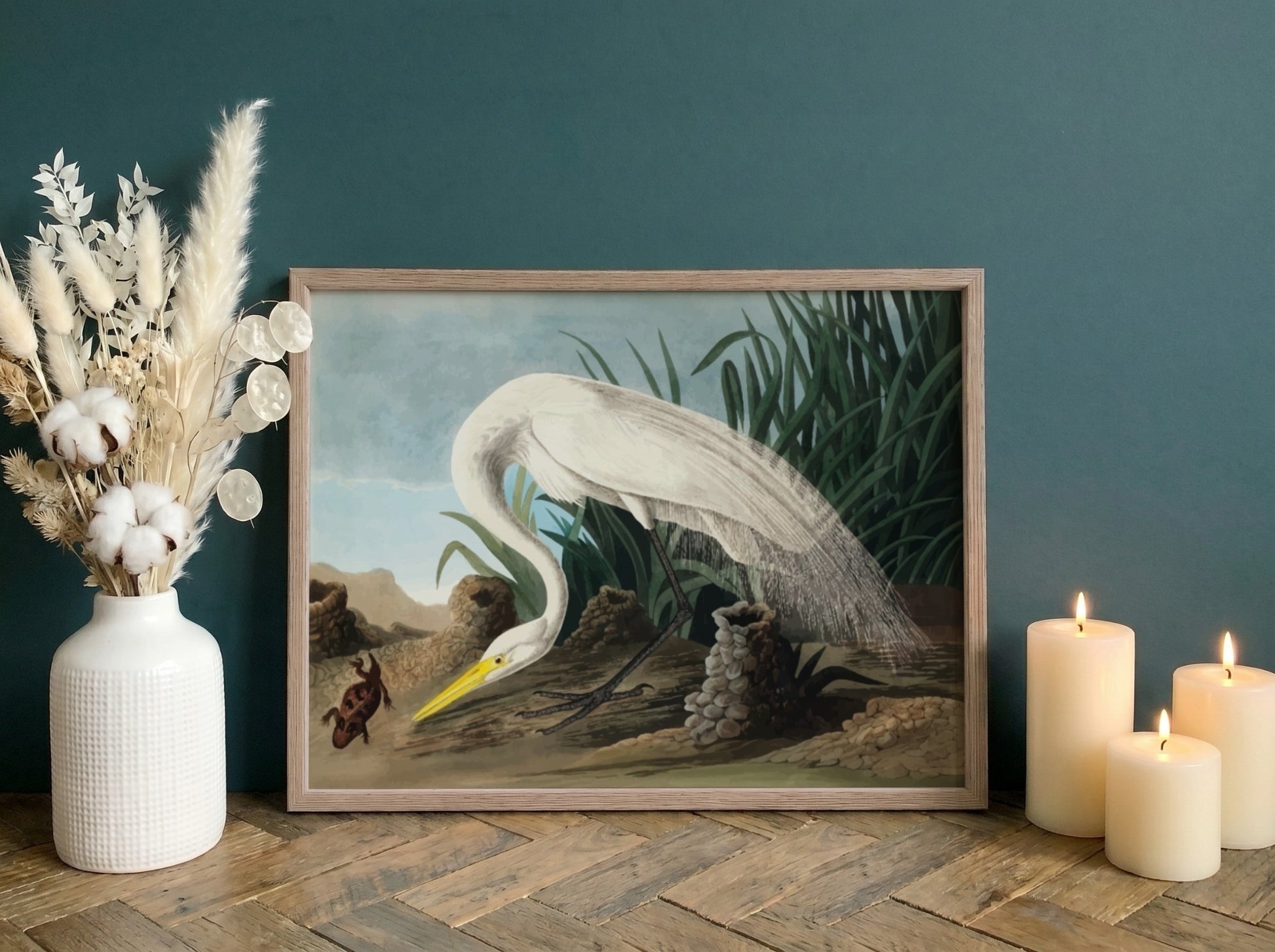White heron art poster featuring soft colors and detailed nature elements, perfect for home decor and nature