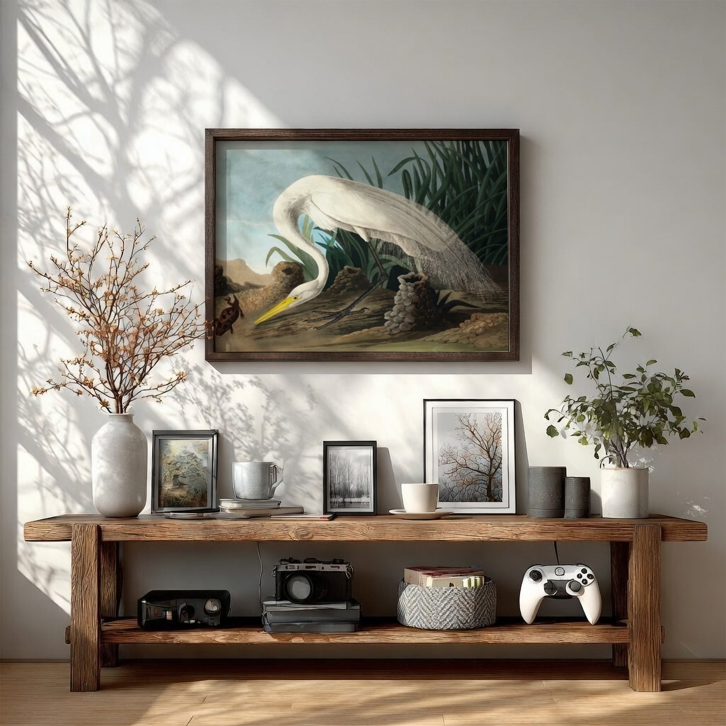 White heron art poster featuring soft colors and detailed nature elements, perfect for home decor and nature