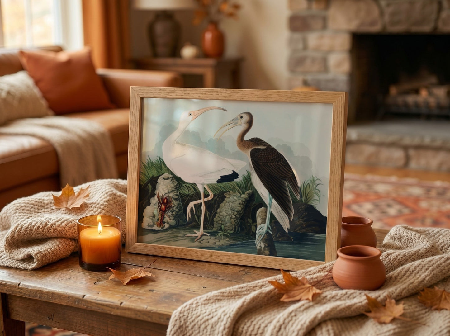 White Ibis poster featuring detailed bird art by Audubon in soft colors, ideal for nature-themed decor