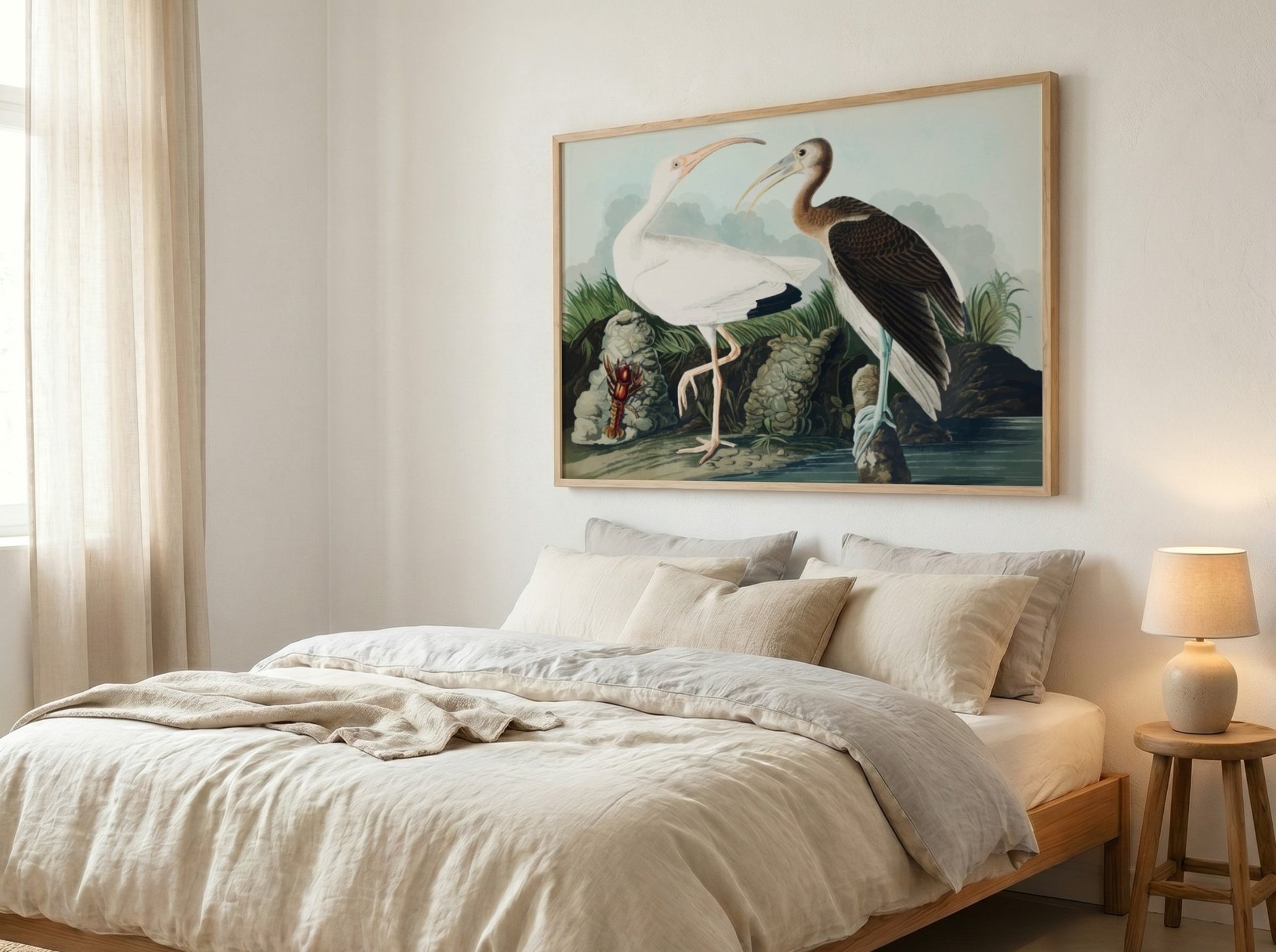 White Ibis poster featuring detailed bird art by Audubon in soft colors, ideal for nature-themed decor