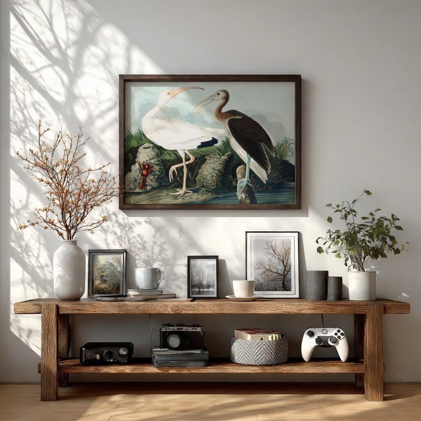 White Ibis poster featuring detailed bird art by Audubon in soft colors, ideal for nature-themed decor