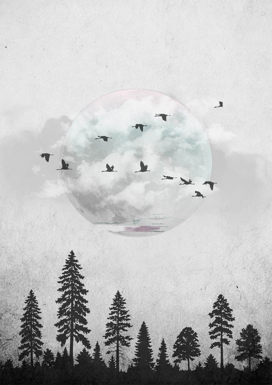 White Moon Forest Wall Art – Minimalist Nature Poster