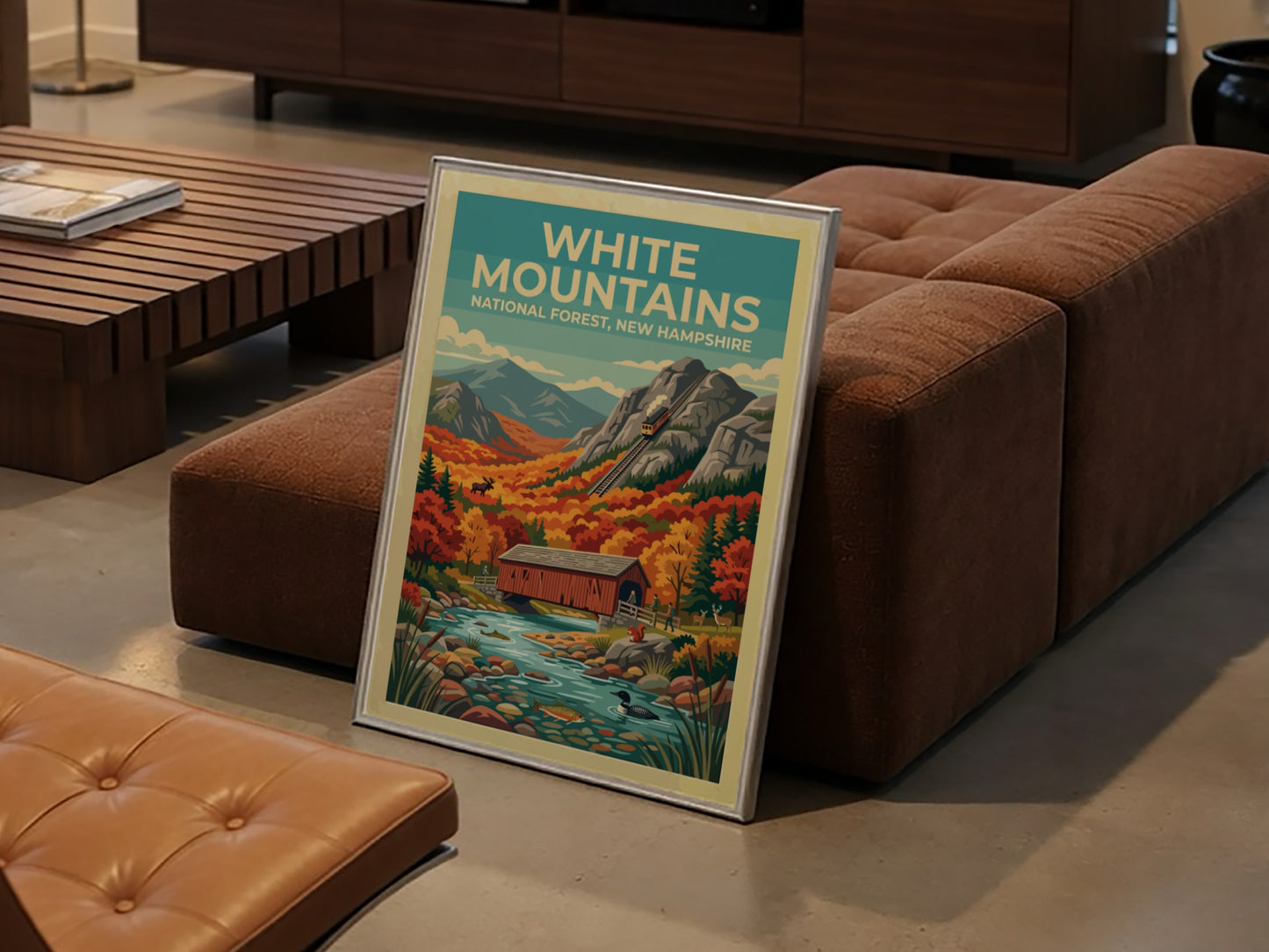 Travel poster featuring the White Mountains with a train bridge and autumn forest