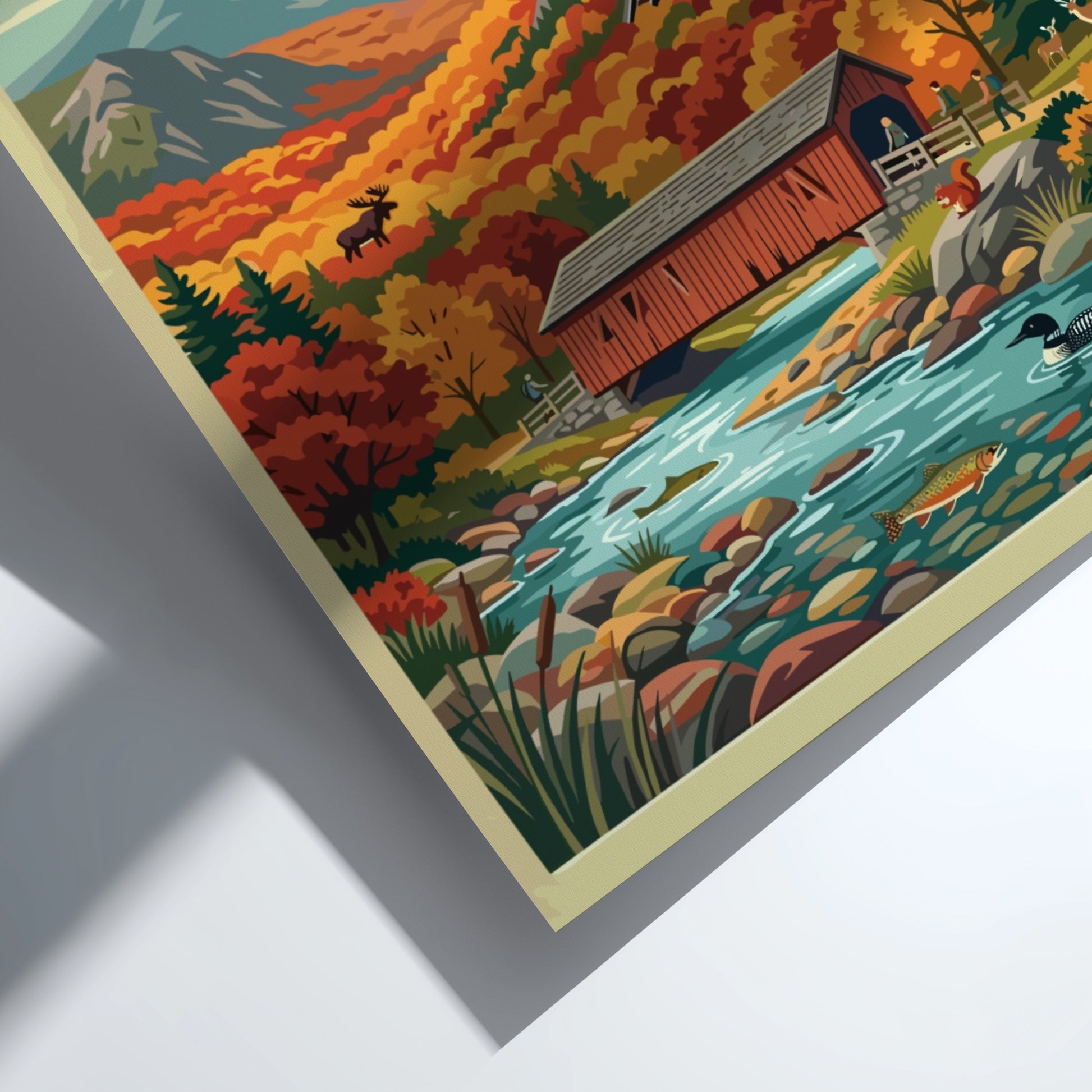 Travel poster featuring the White Mountains with a train bridge and autumn forest
