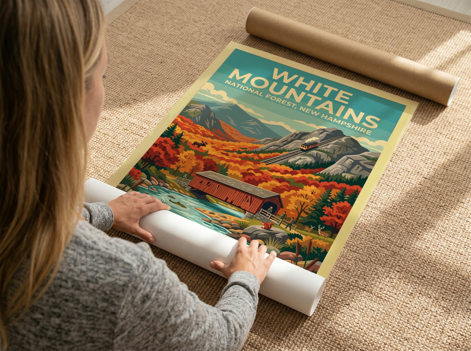 Travel poster featuring the White Mountains with a train bridge and autumn forest
