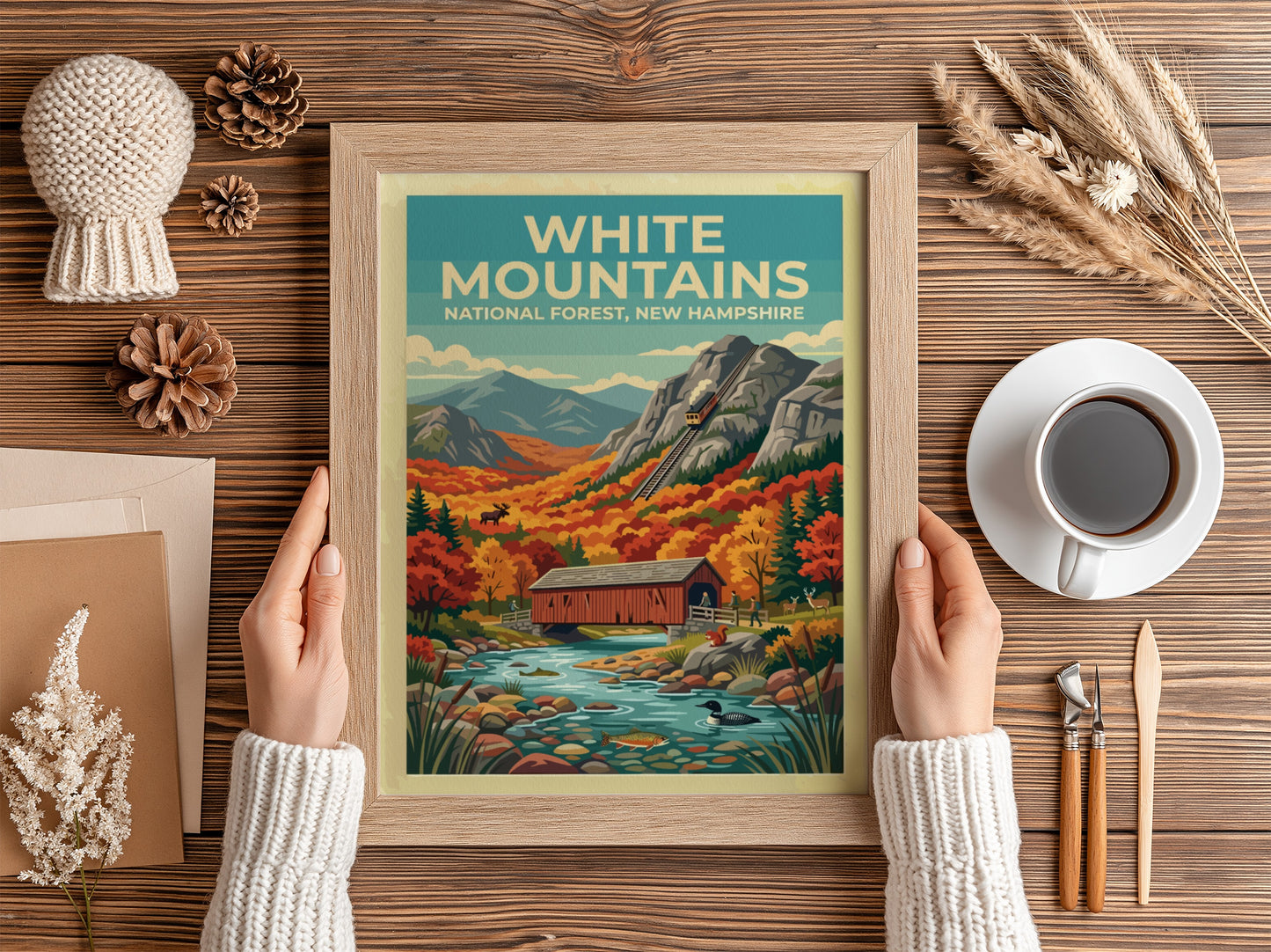 Travel poster featuring the White Mountains with a train bridge and autumn forest