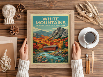 Travel poster featuring the White Mountains with a train bridge and autumn forest
