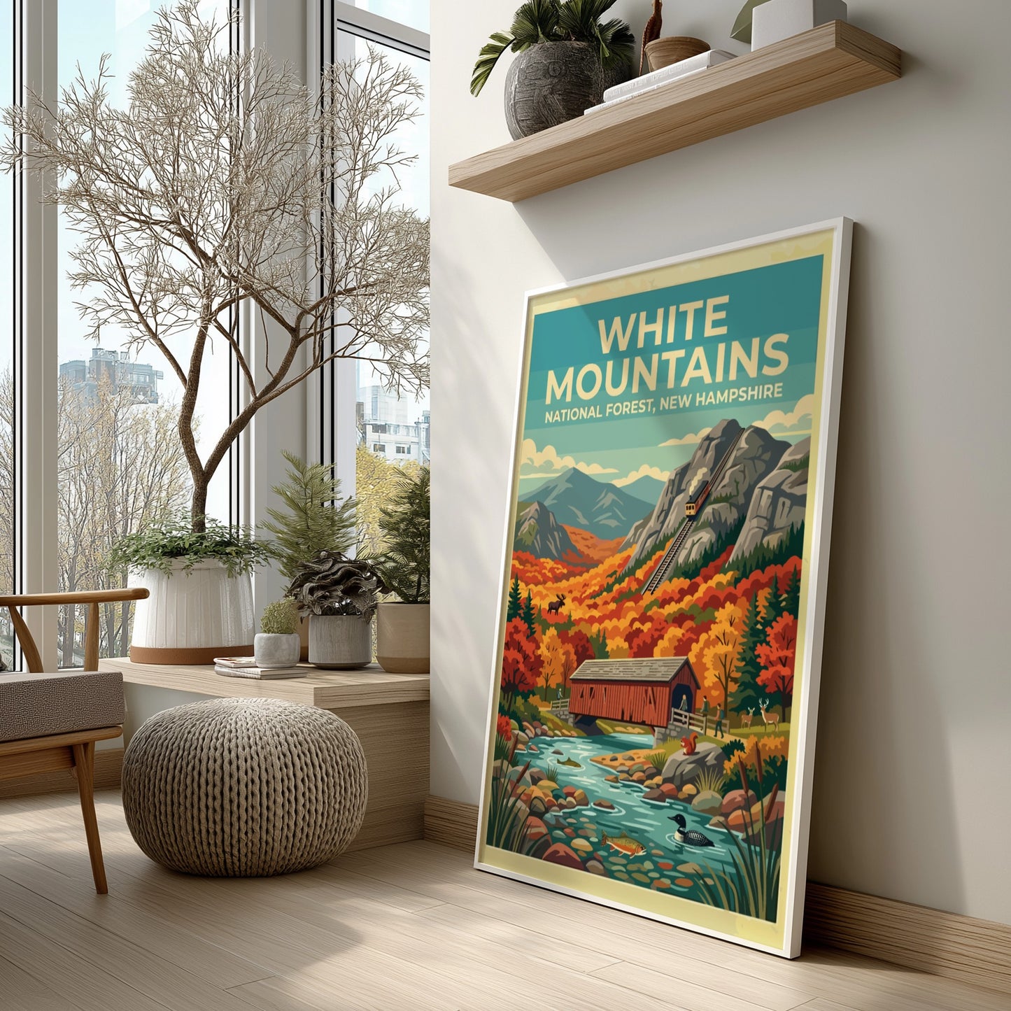 Travel poster featuring the White Mountains with a train bridge and autumn forest