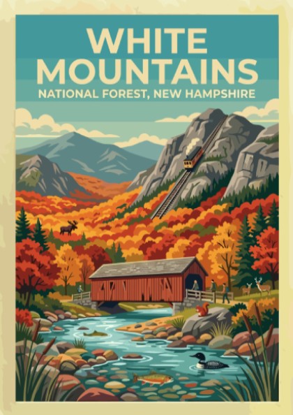 Travel poster featuring the White Mountains with a train bridge and autumn forest