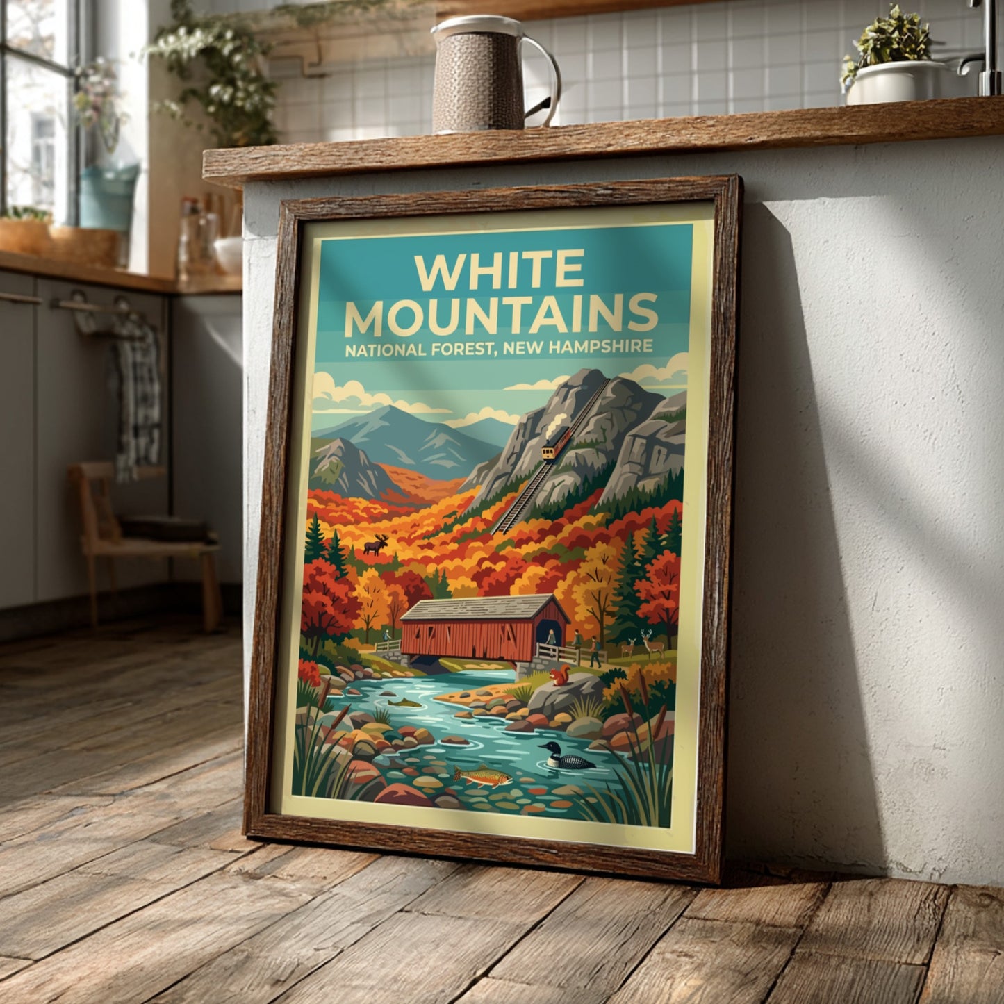 Travel poster featuring the White Mountains with a train bridge and autumn forest