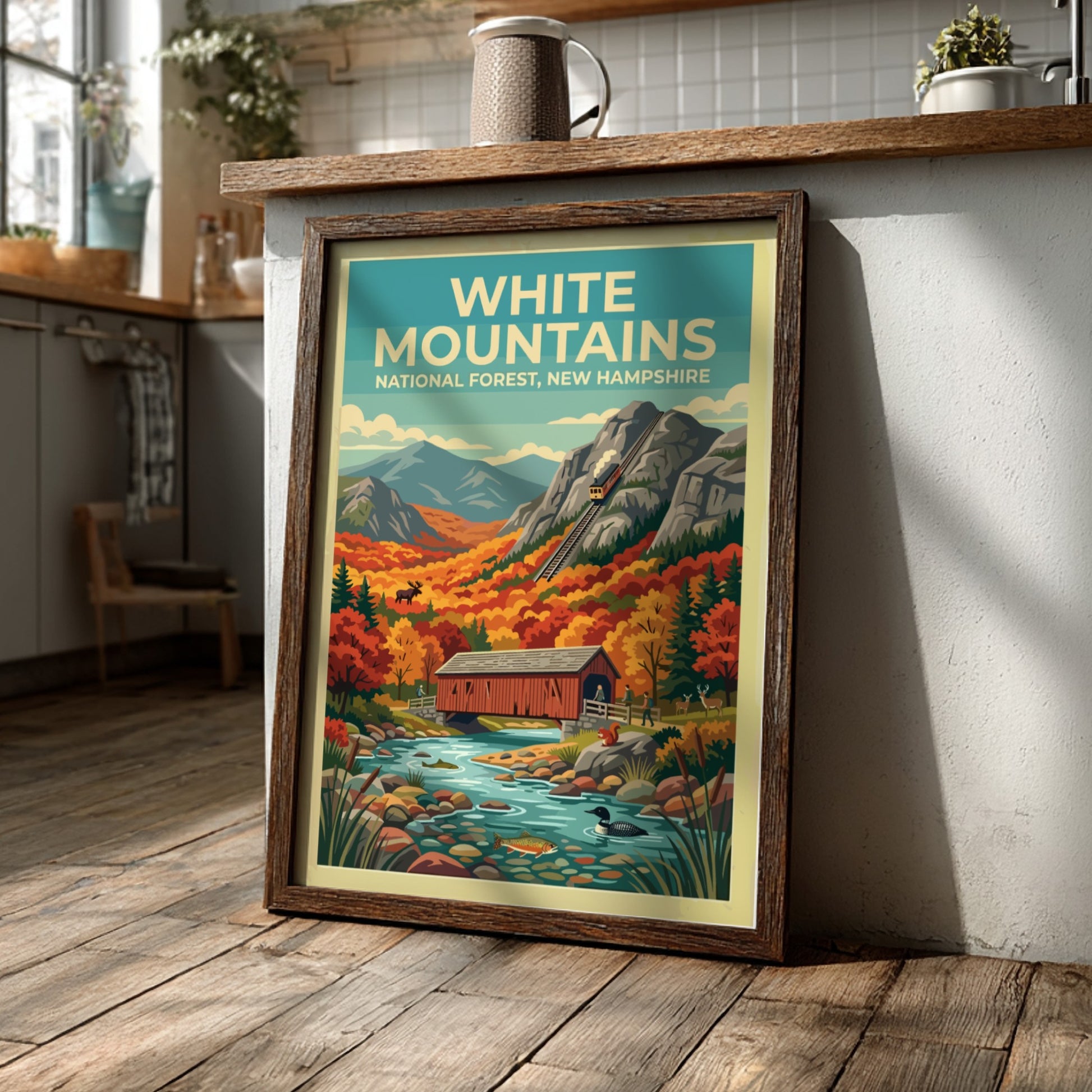 Travel poster featuring the White Mountains with a train bridge and autumn forest