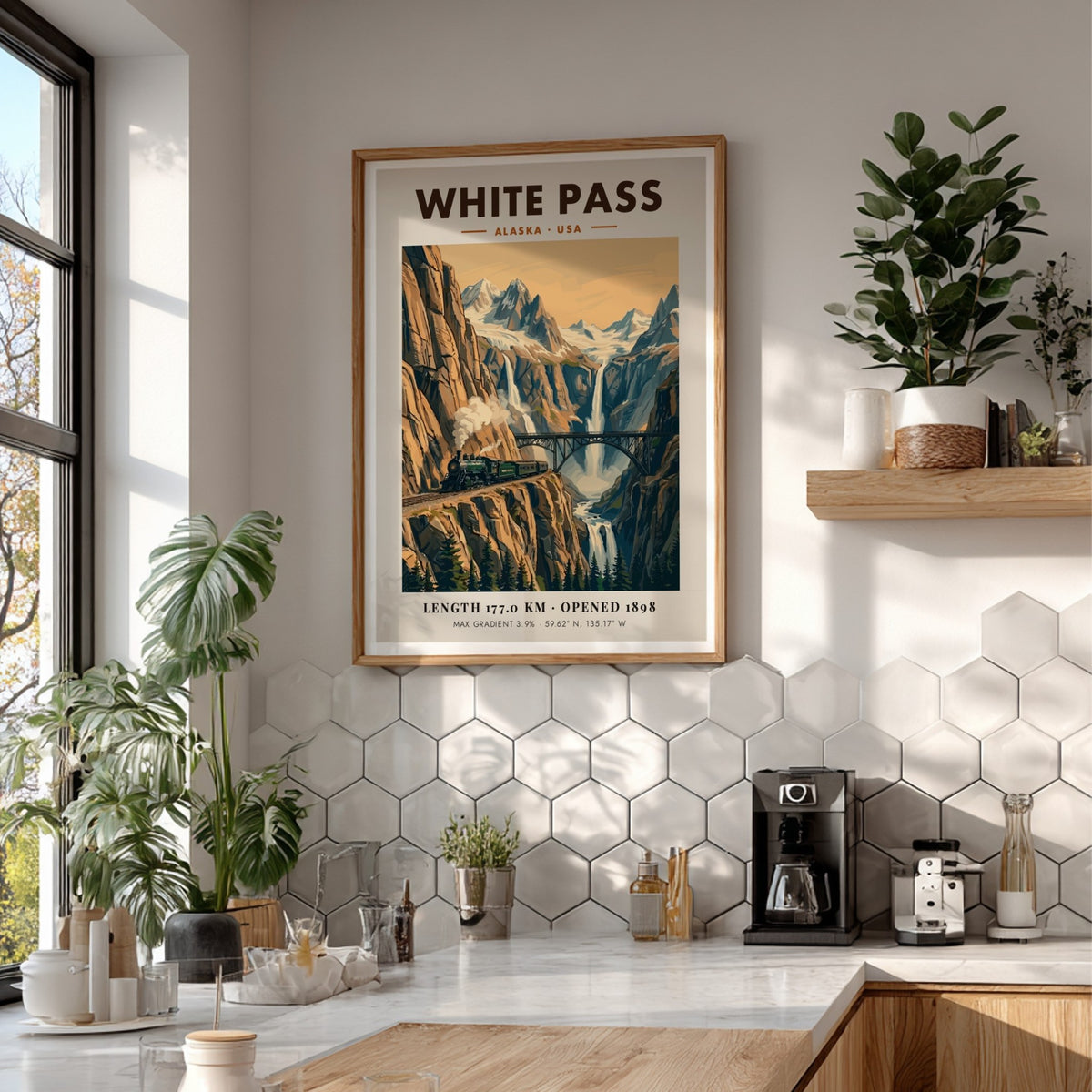 Poster of a steam train crossing a bridge in the White Pass Alaska mountains.