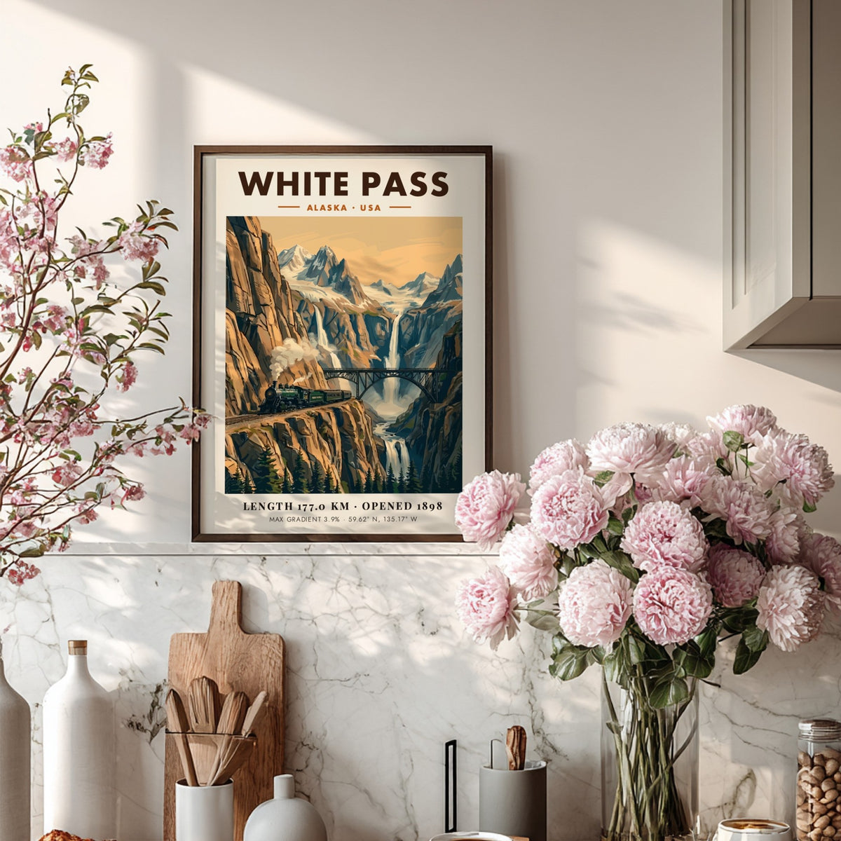 Poster of a steam train crossing a bridge in the White Pass Alaska mountains.
