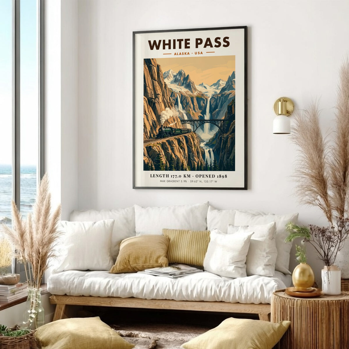 Poster of a steam train crossing a bridge in the White Pass Alaska mountains.