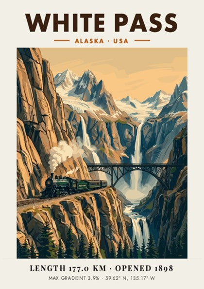 Poster of a steam train crossing a bridge in the White Pass Alaska mountains.