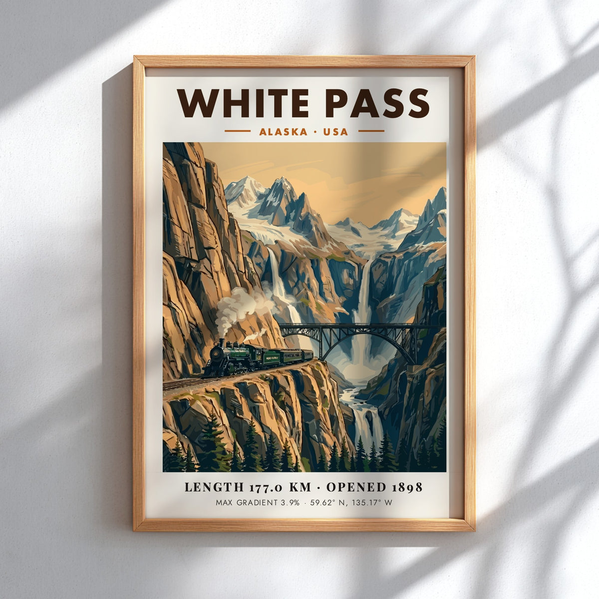 Poster of a steam train crossing a bridge in the White Pass Alaska mountains.