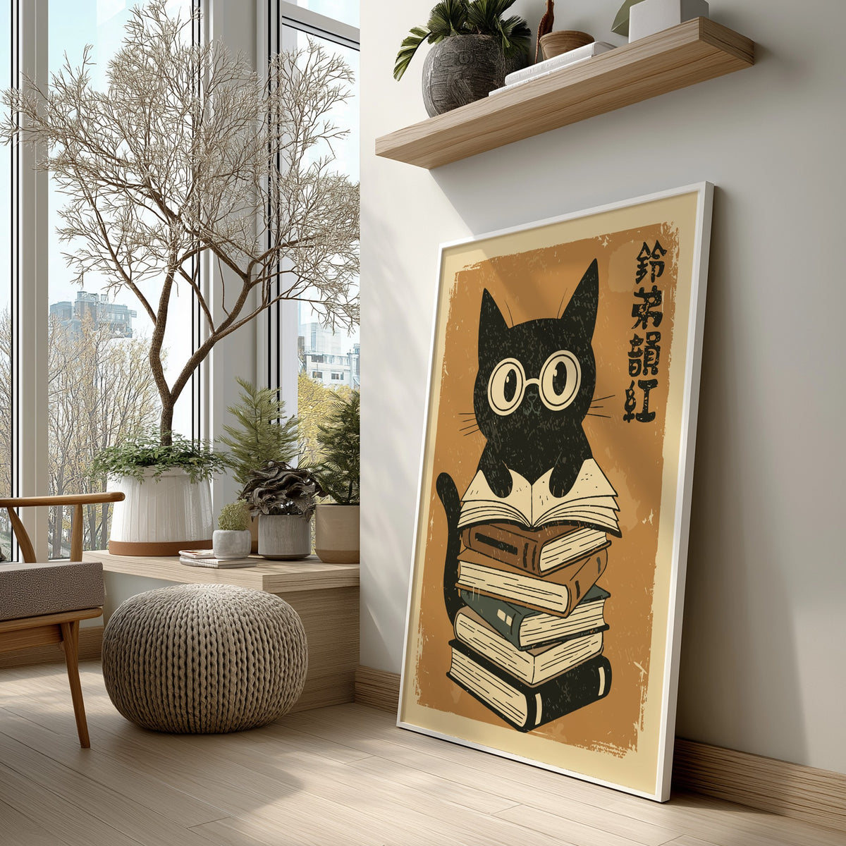 A stylized illustration of a black cat wearing round glasses and sitting on top of a tall stack of books, with vertical black characters on the right, set against a warm orange background with distressed texture.