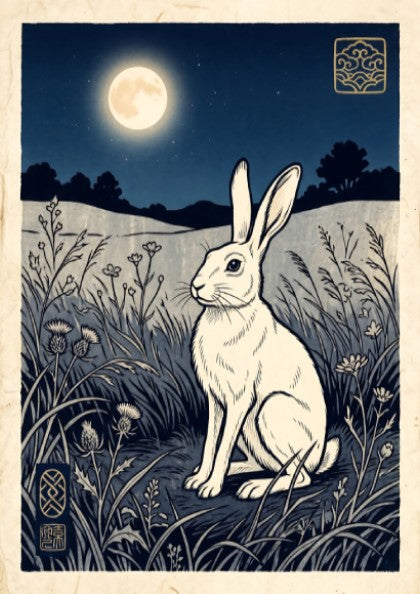 Japanese art style poster featuring a white rabbit under the moonlight