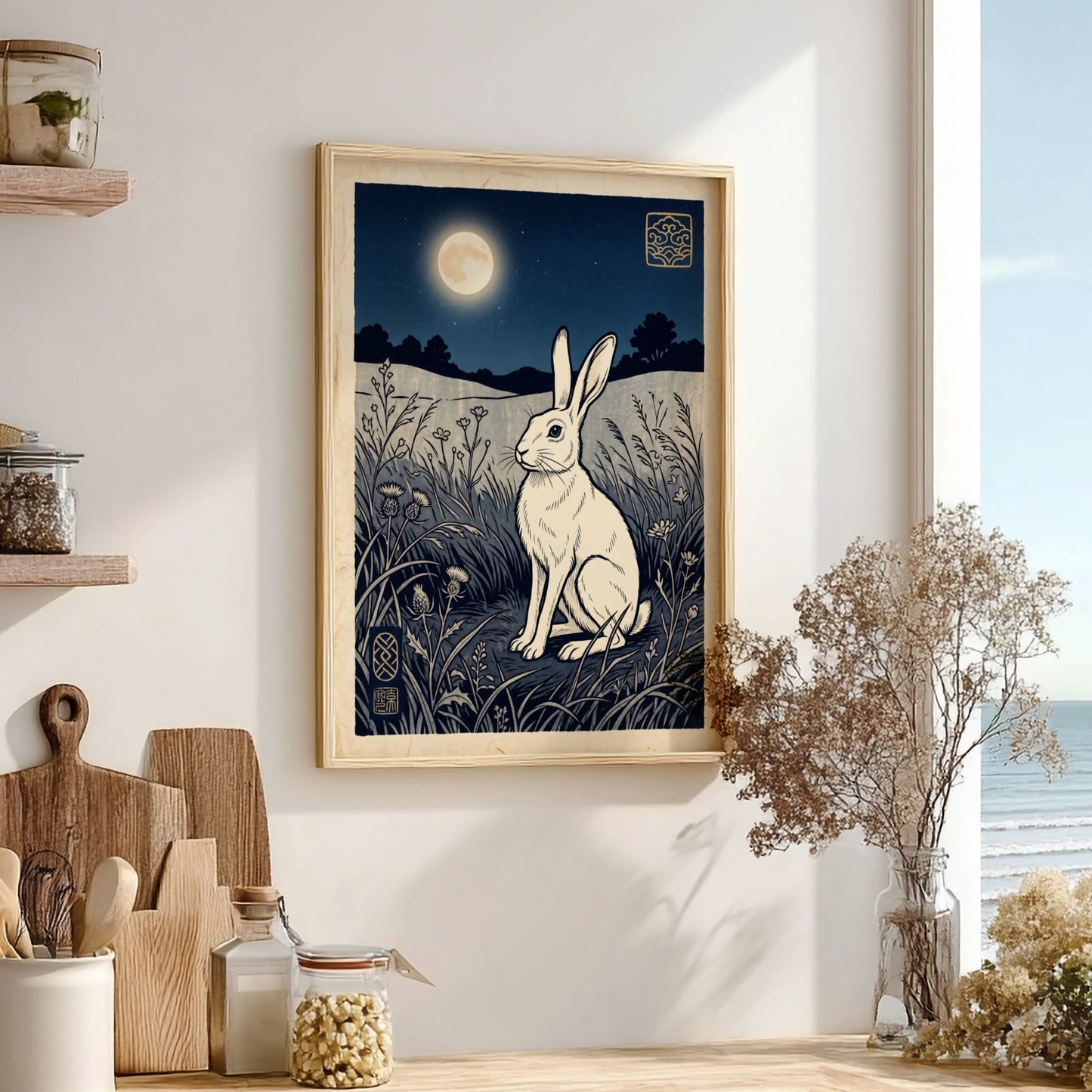 Japanese art style poster featuring a white rabbit under the moonlight
