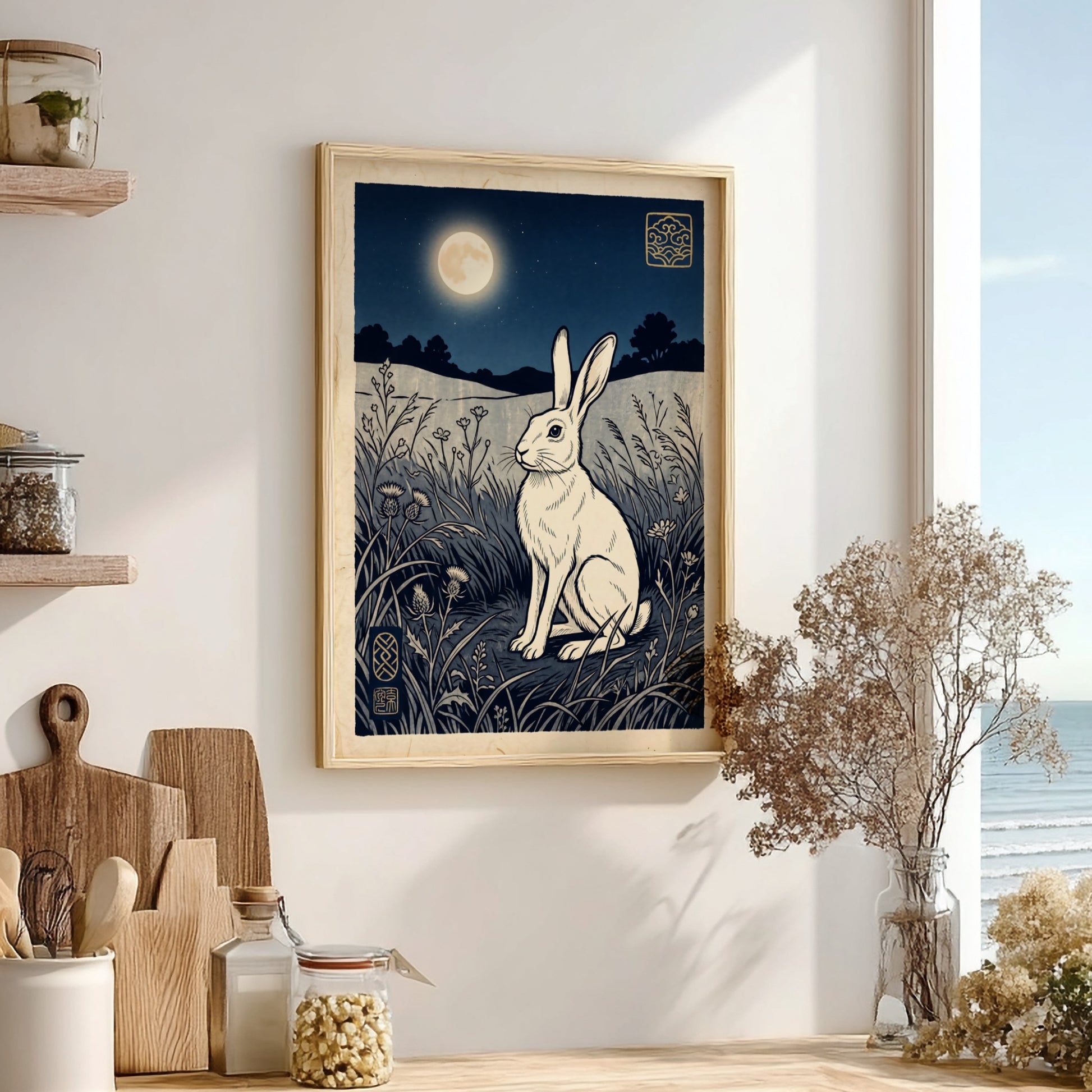 Japanese art style poster featuring a white rabbit under the moonlight