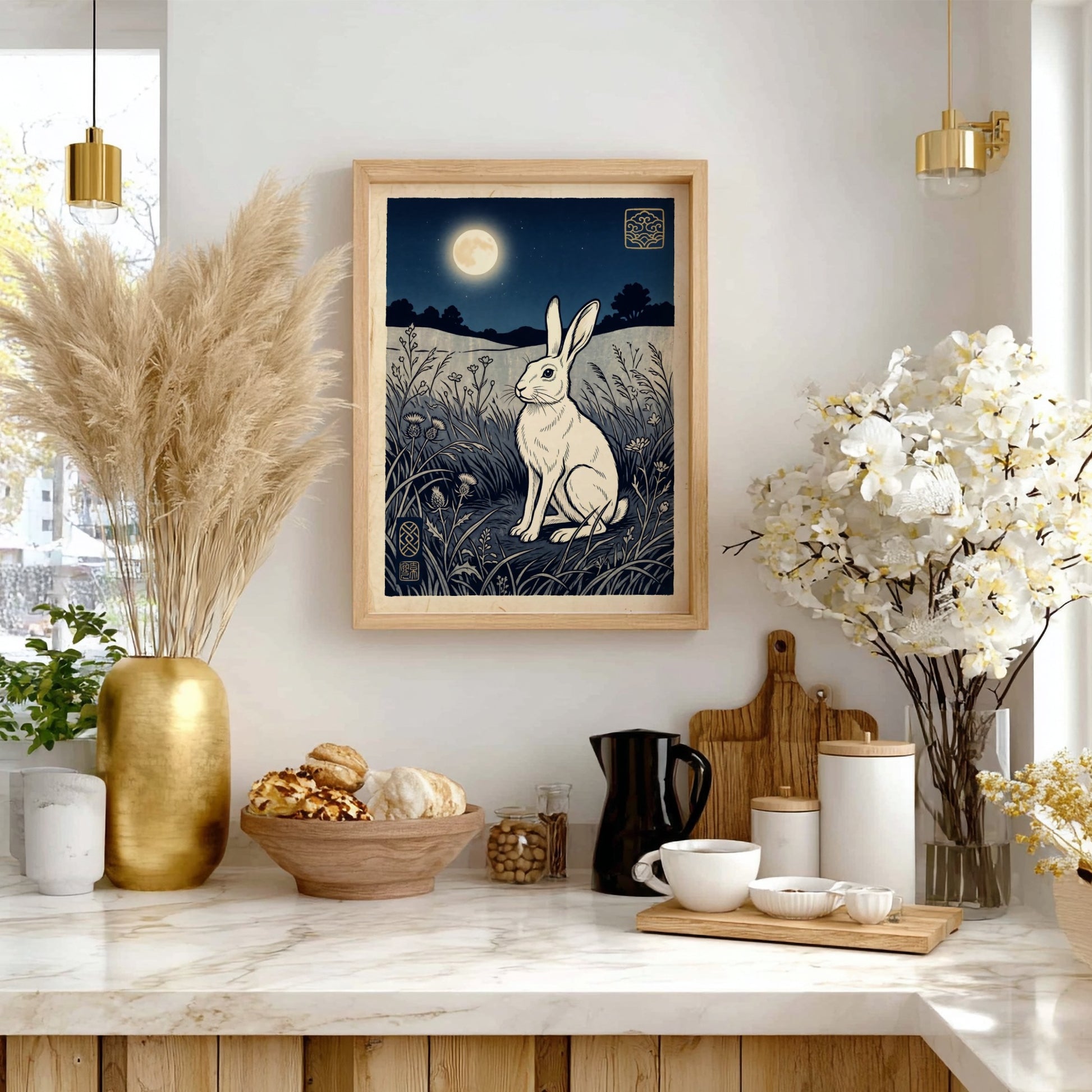 Japanese art style poster featuring a white rabbit under the moonlight