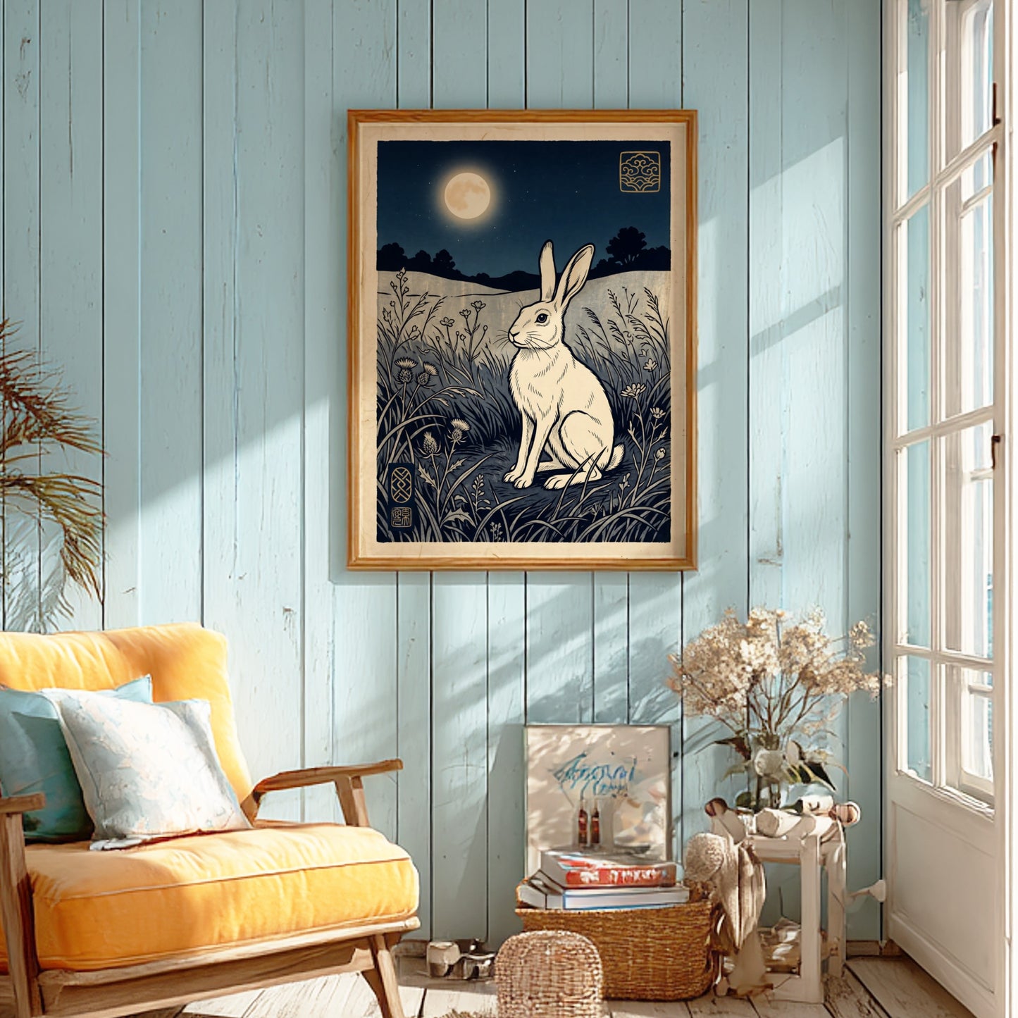 Japanese art style poster featuring a white rabbit under the moonlight