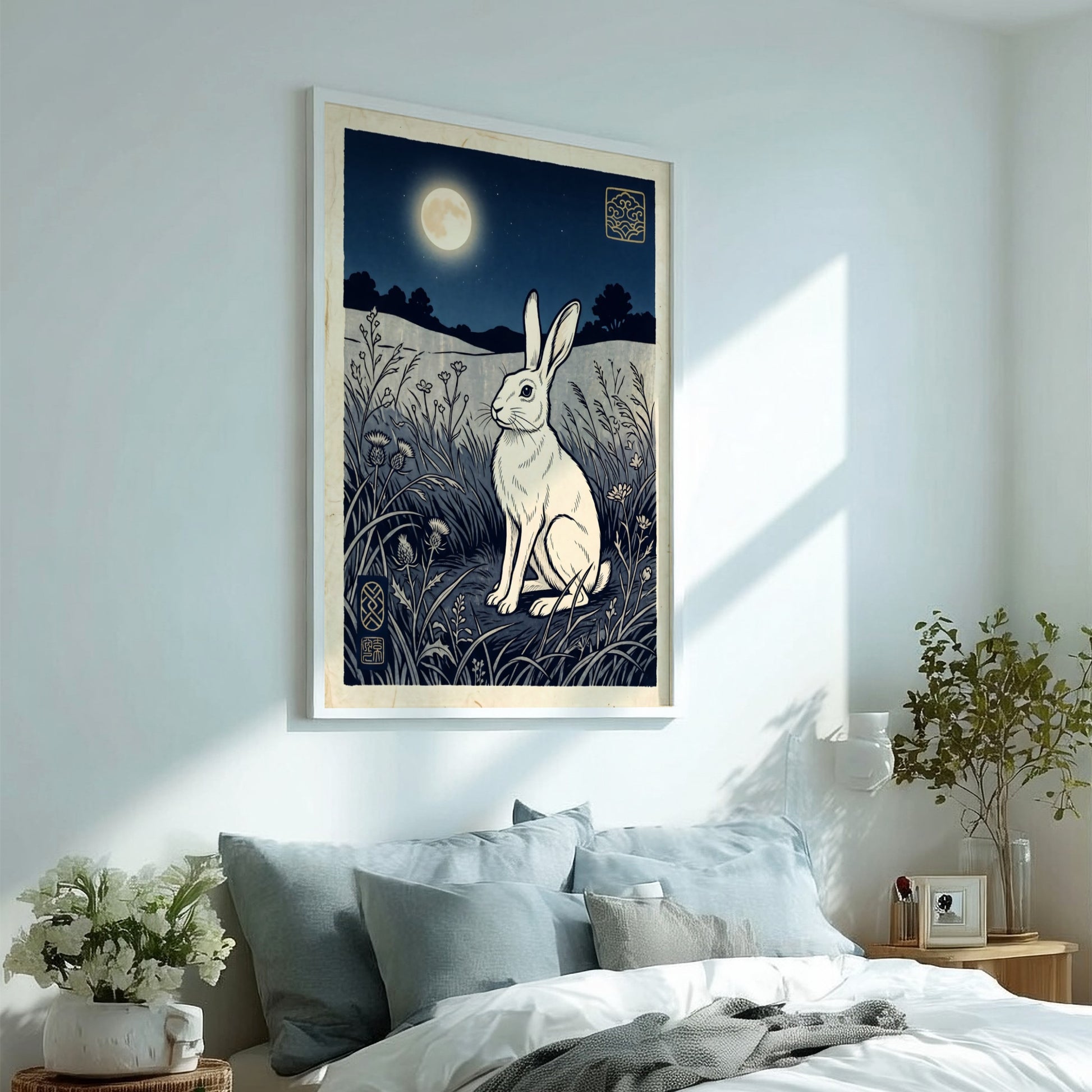 Japanese art style poster featuring a white rabbit under the moonlight