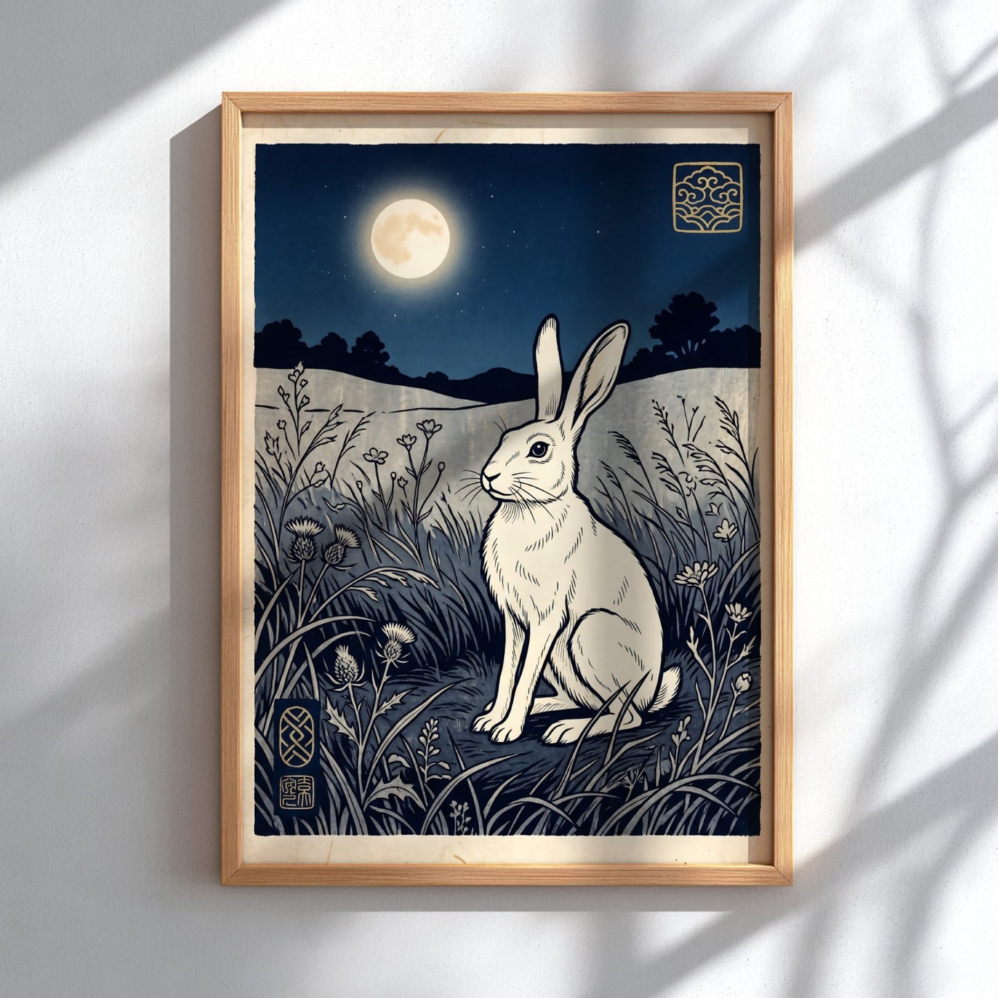 Japanese art style poster featuring a white rabbit under the moonlight