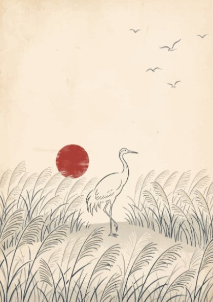 Poster featuring a minimalist white crane standing in tall grass under a red sun.