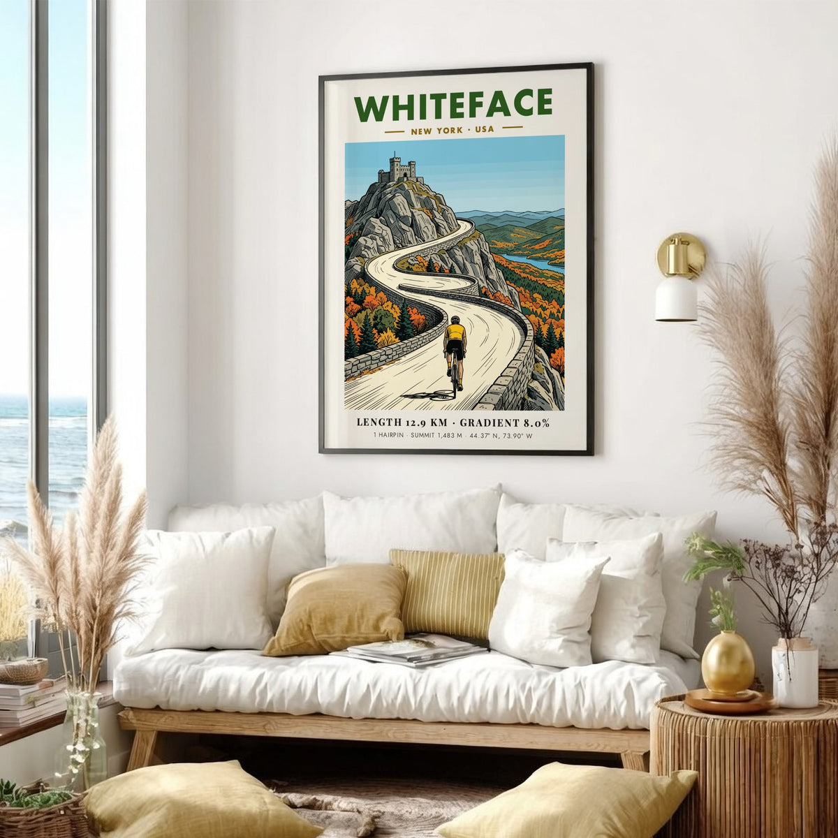 Poster of a cyclist riding up the winding stone road toward Whiteface summit