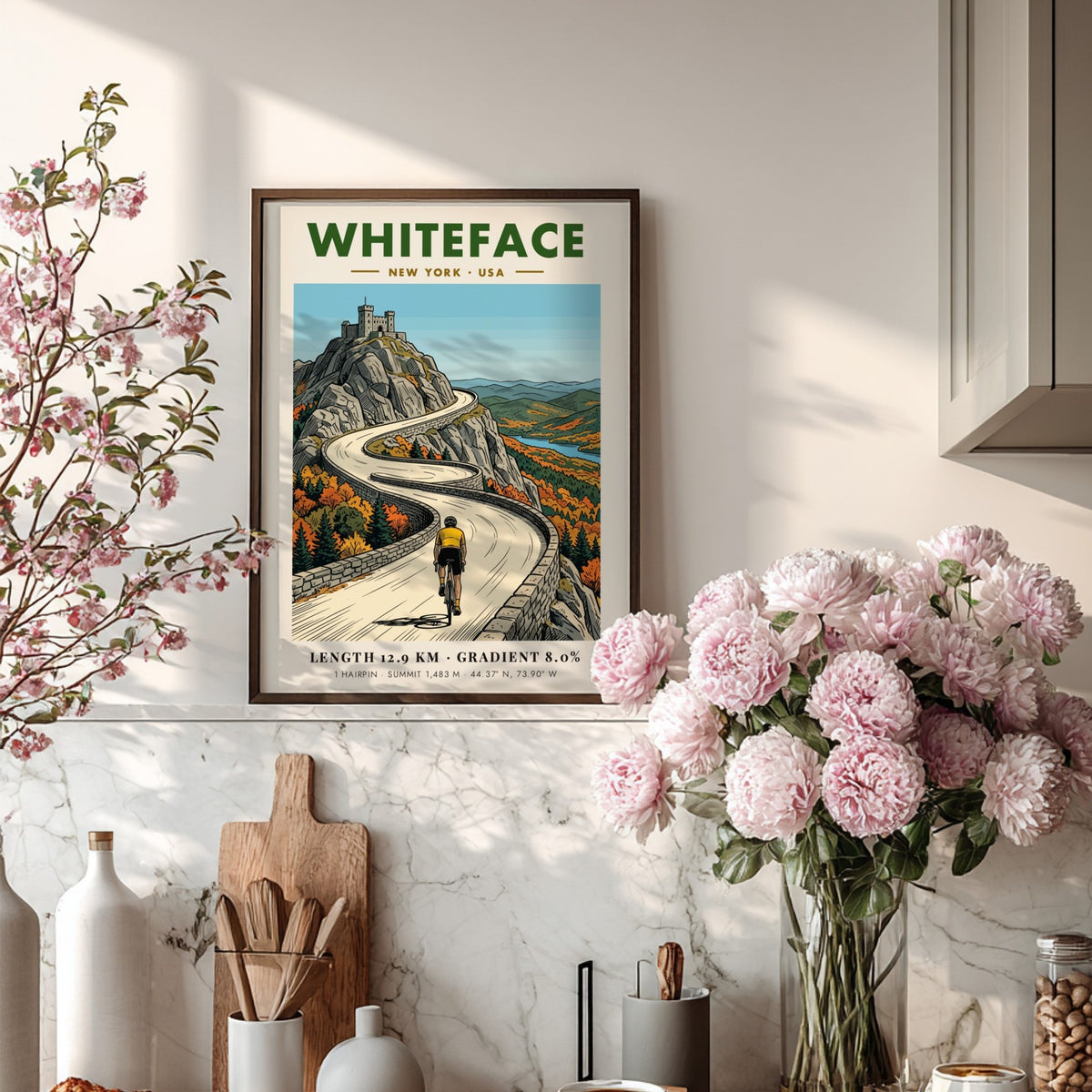 Poster of a cyclist riding up the winding stone road toward Whiteface summit