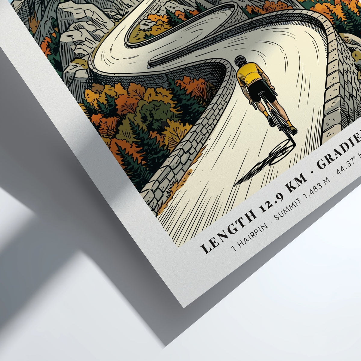 Poster of a cyclist riding up the winding stone road toward Whiteface summit