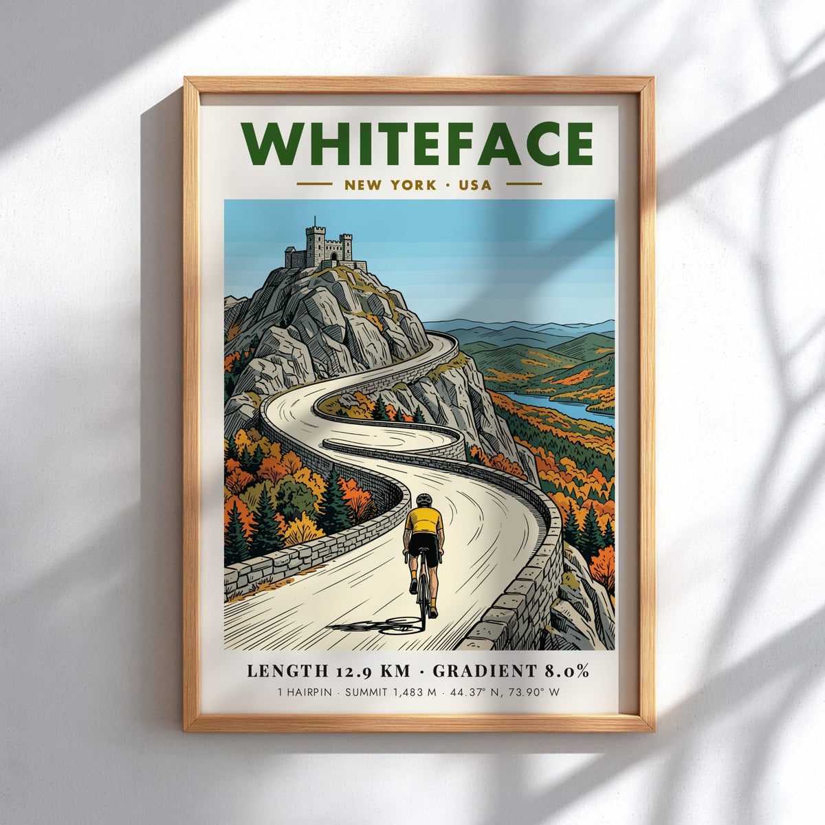 Poster of a cyclist riding up the winding stone road toward Whiteface summit