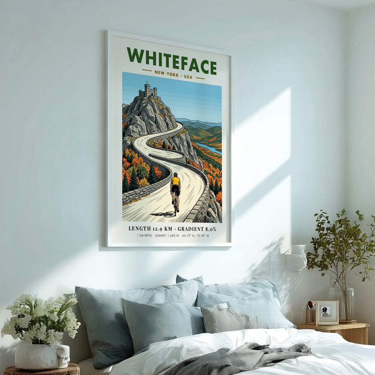 Poster of a cyclist riding up the winding stone road toward Whiteface summit