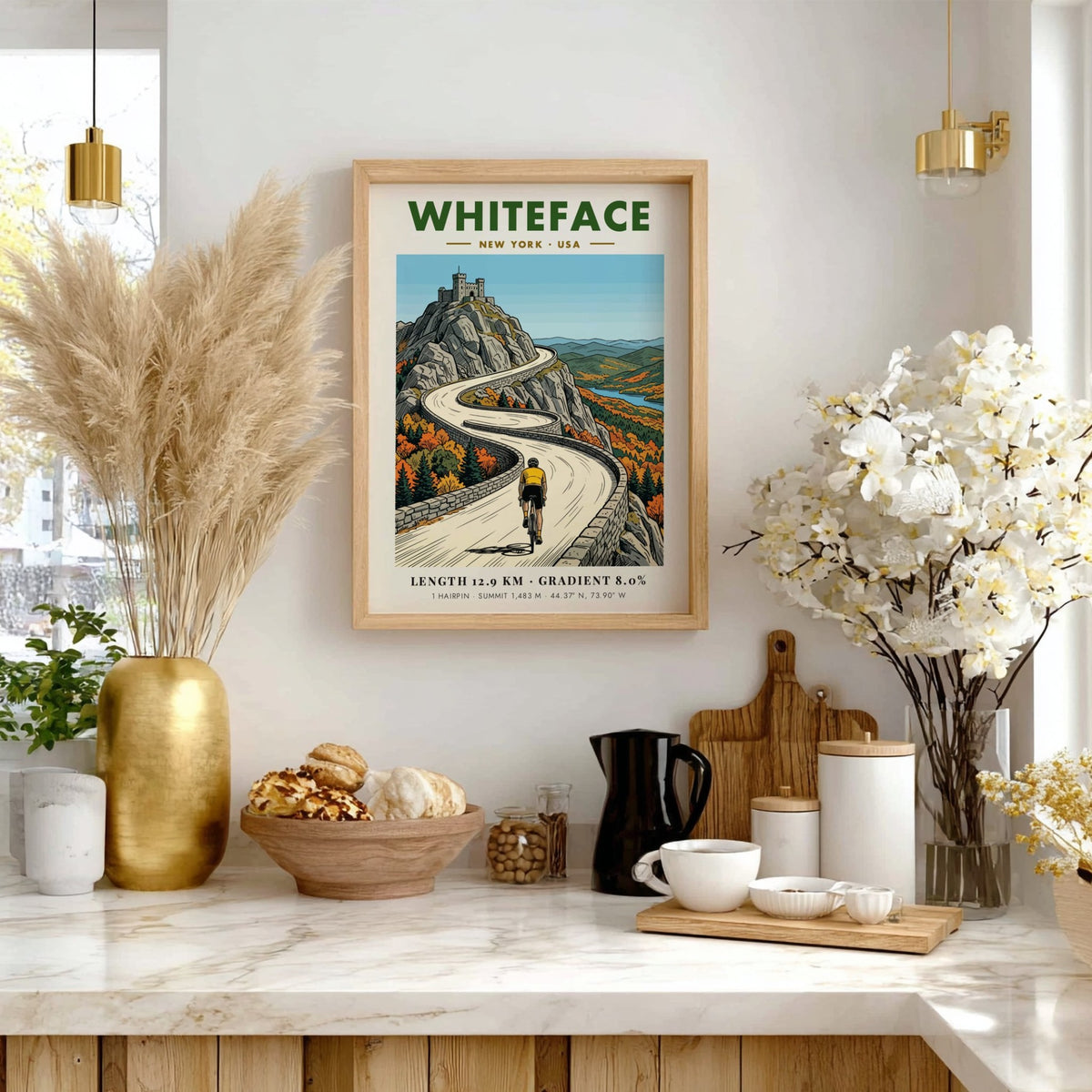 Poster of a cyclist riding up the winding stone road toward Whiteface summit