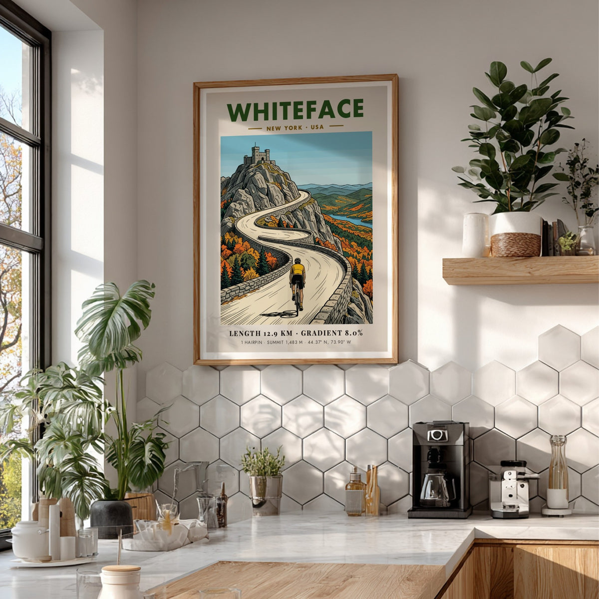 Poster of a cyclist riding up the winding stone road toward Whiteface summit