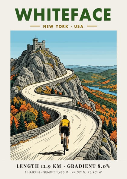 Poster of a cyclist riding up the winding stone road toward Whiteface summit
