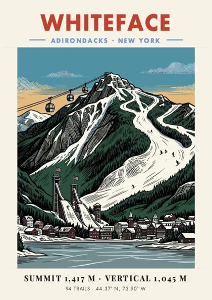 Poster of Whiteface in the Adirondacks featuring ski slopes, gondolas, and village buildings.
