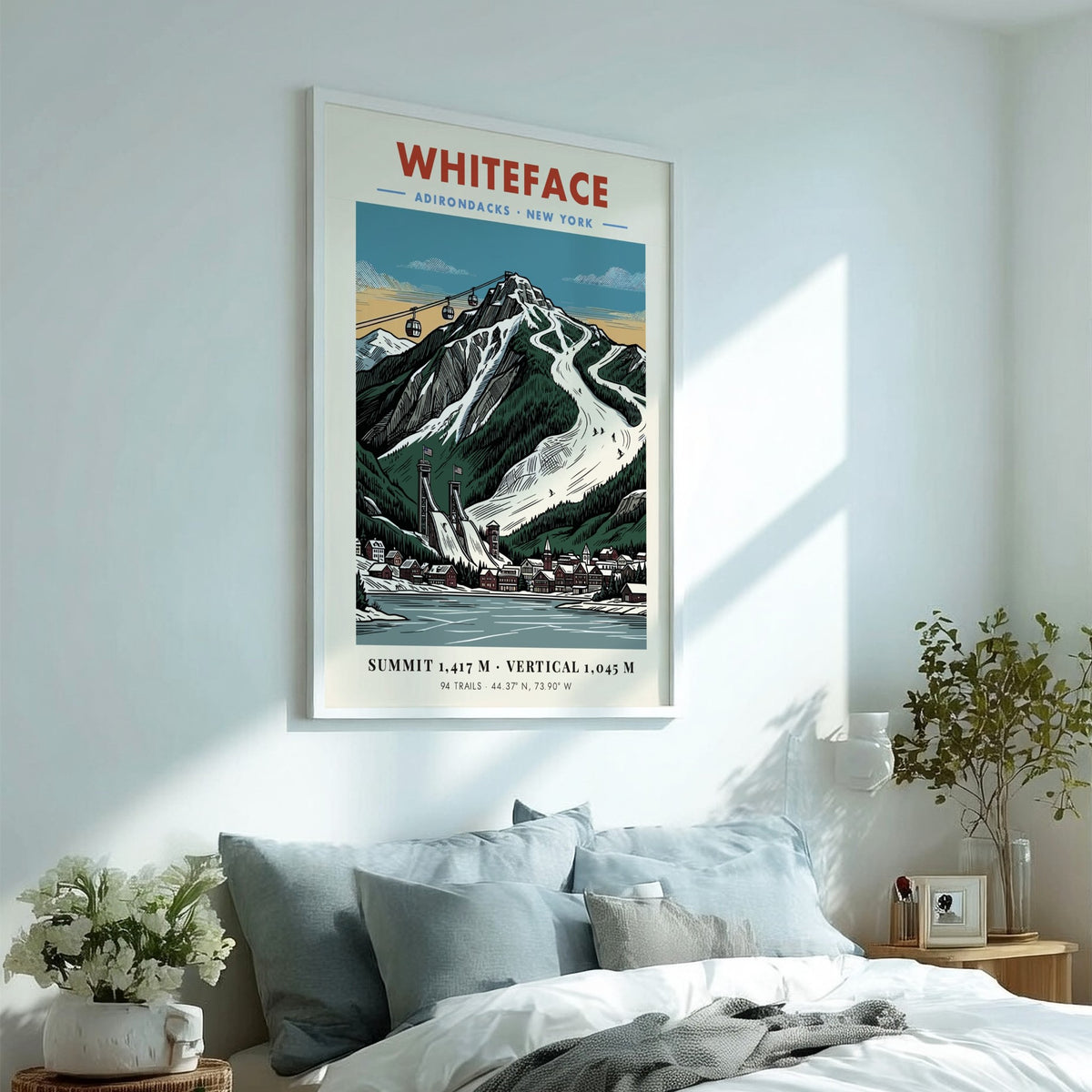 Poster of Whiteface in the Adirondacks featuring ski slopes, gondolas, and village buildings.
