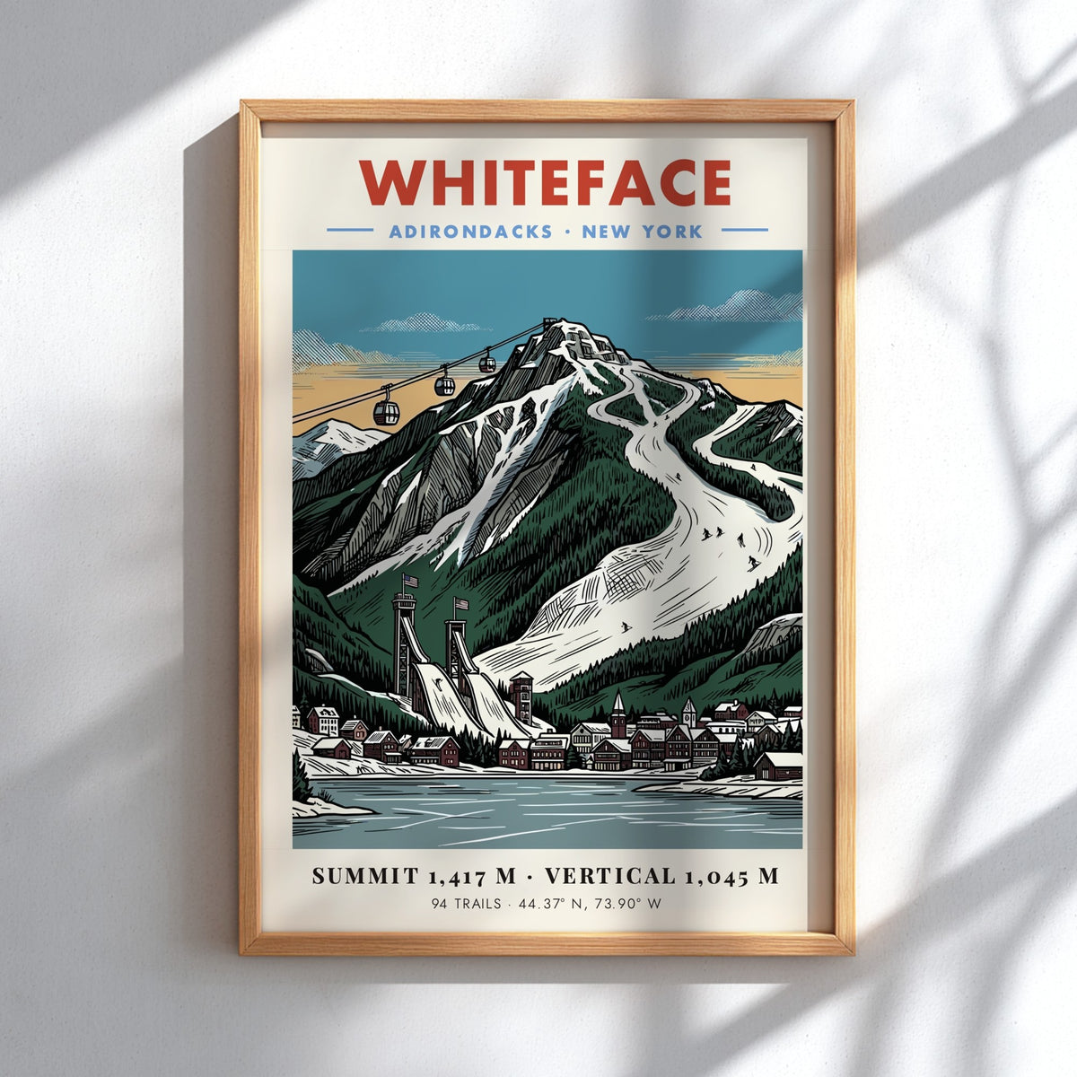 Poster of Whiteface in the Adirondacks featuring ski slopes, gondolas, and village buildings.