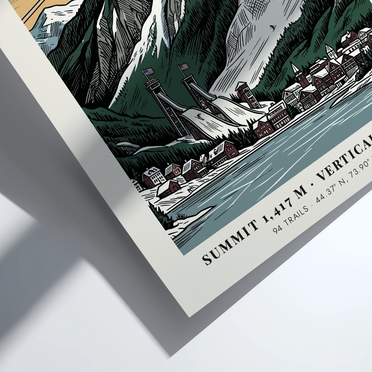 Poster of Whiteface in the Adirondacks featuring ski slopes, gondolas, and village buildings.