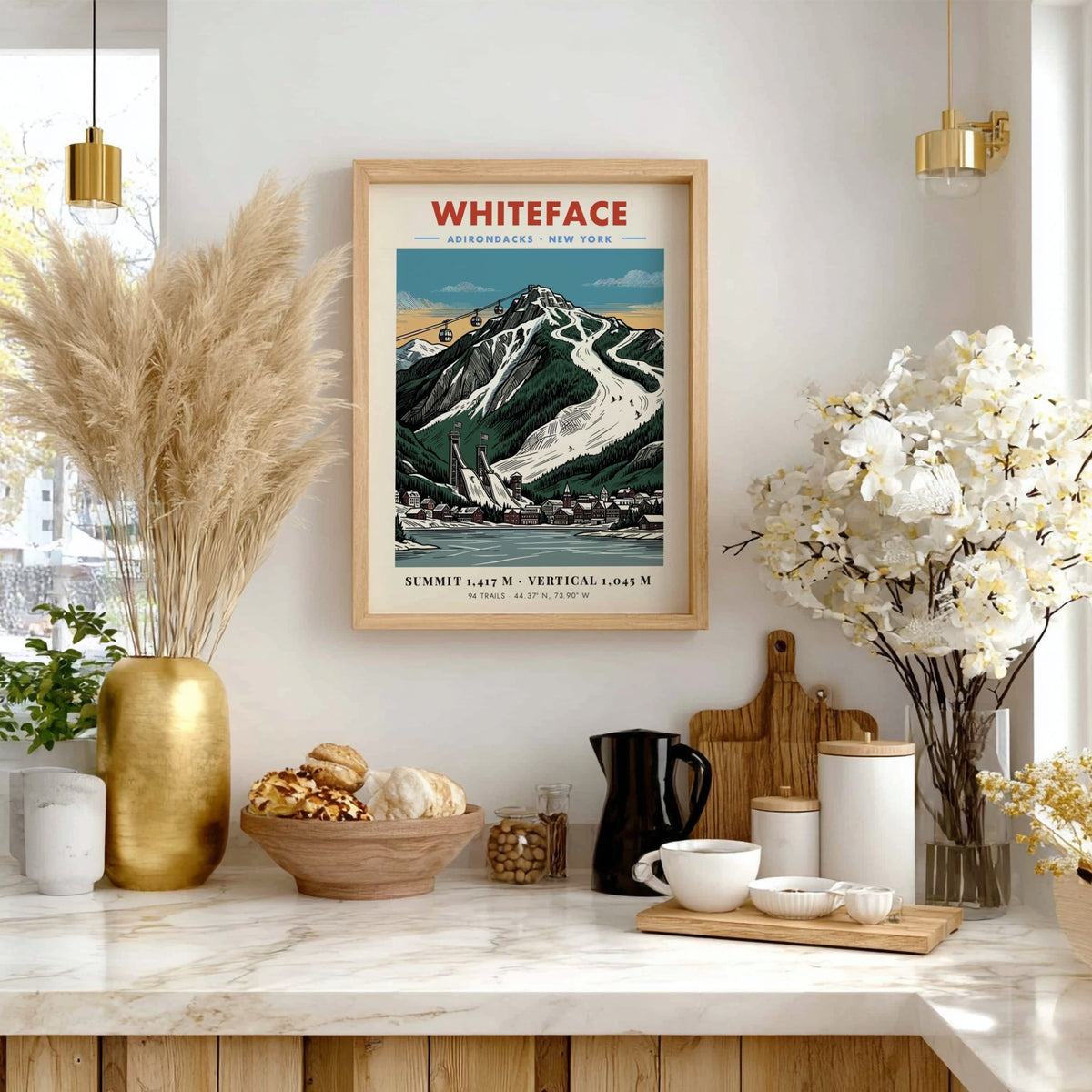 Poster of Whiteface in the Adirondacks featuring ski slopes, gondolas, and village buildings.