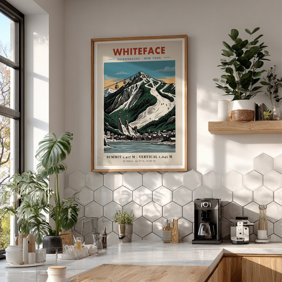 Poster of Whiteface in the Adirondacks featuring ski slopes, gondolas, and village buildings.
